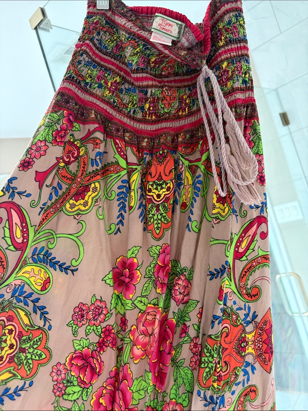 Flying Tomato Tapestry Vibrant Boho Floral smocked Strapless Halter Maxi Dress L - Picture 9 of 9